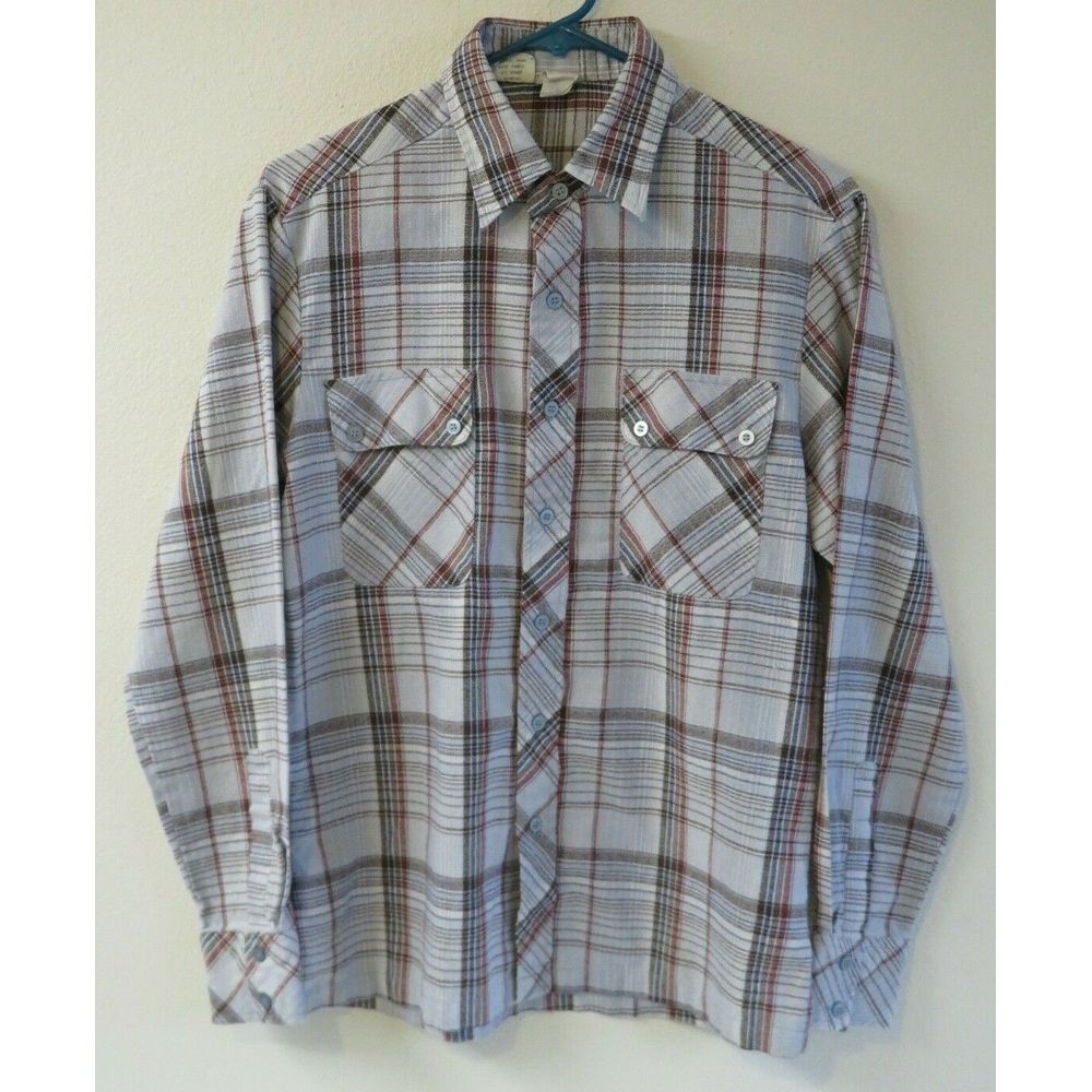 Mens Kennington Long Sleeve Button Front Shirt Size M Plaid Vintage‎ Gray Brown